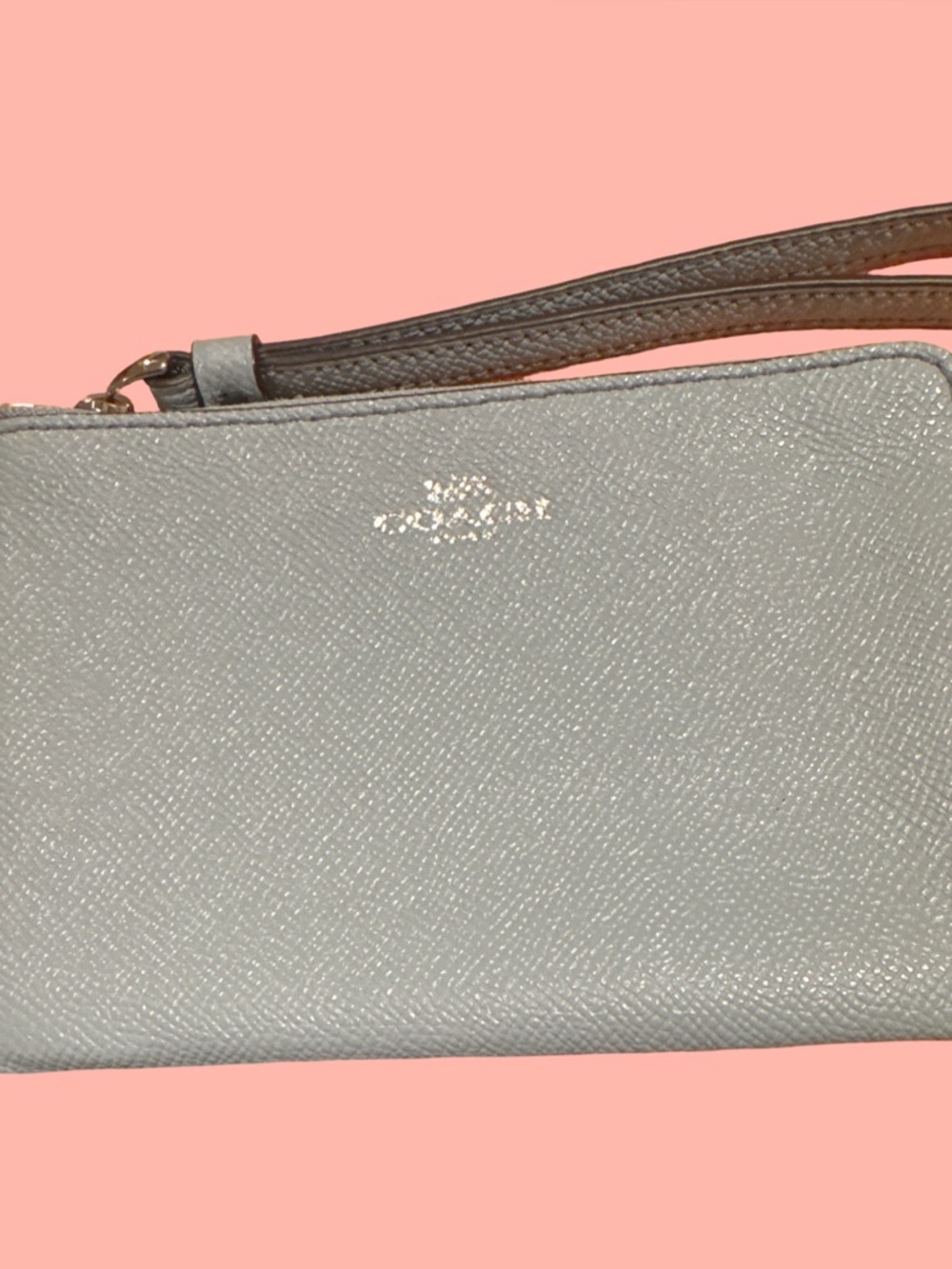Coach Light Gray Leather Wristlet with Brown Strap